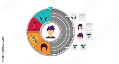 This modern vector illustration visualizes a digital user profile, showcasing various personalized interests and customizable avatar elements for online identity representation.