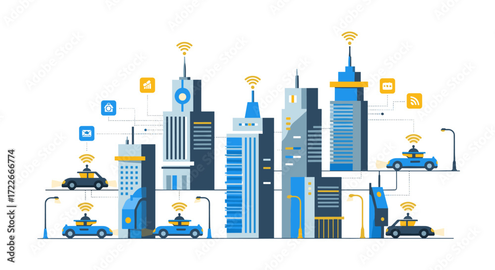 Obraz premium This contemporary vector illustration depicts a bustling smart city, highlighting advanced urban technology, connected vehicles, and seamless wireless communication systems.