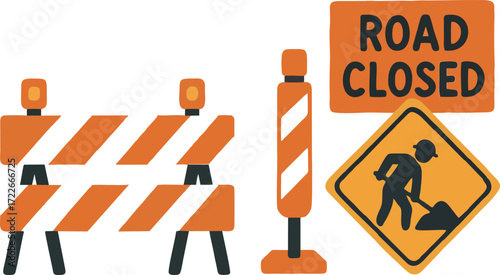 A set of construction signs include worker caution road closed and barrier markers isolated