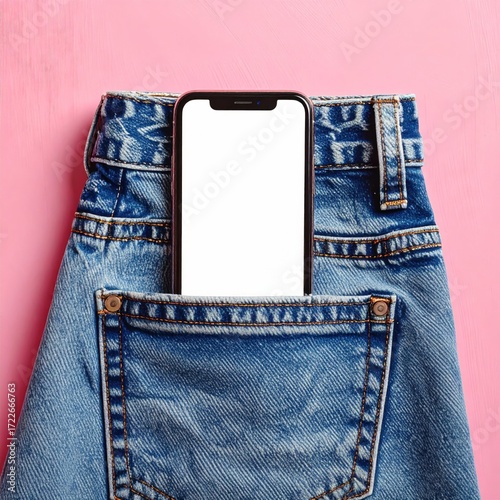 Phone in blue denim pocket on pink. Jeans show back detail; screen is blank. Top view. Flat lay. Simple composition, bright backdrop