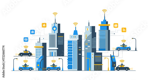 This contemporary vector illustration depicts a bustling smart city, highlighting advanced urban technology, connected vehicles, and seamless wireless communication systems.