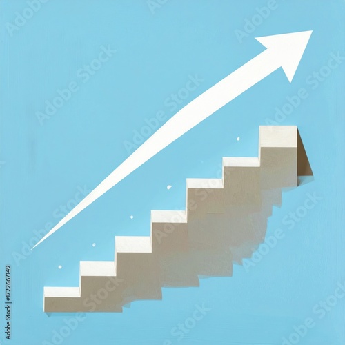 Steps ascend beneath an arrow. The light beige steps progress diagonally upwards against a light blue backdrop. Success concept illustration