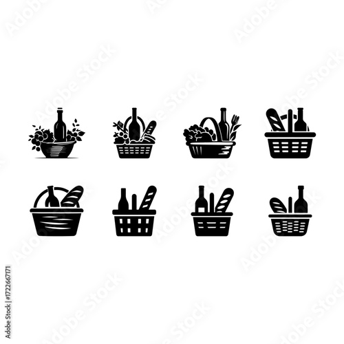 Eight monochrome illustrations of picnic baskets filled with various items like wine bottles, bread, and produce, presented in a grid pattern against a white backdrop. 