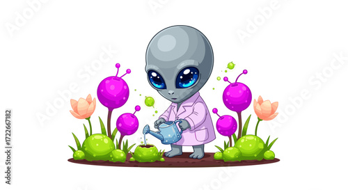 A charming cartoon alien, dressed in a lab coat, diligently waters a small plant amidst a whimsical garden of vibrant, futuristic flora.