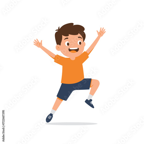 Joyful Cartoon Boy in Orange TShirt and Blue Shorts Jumping with Arms Raised.