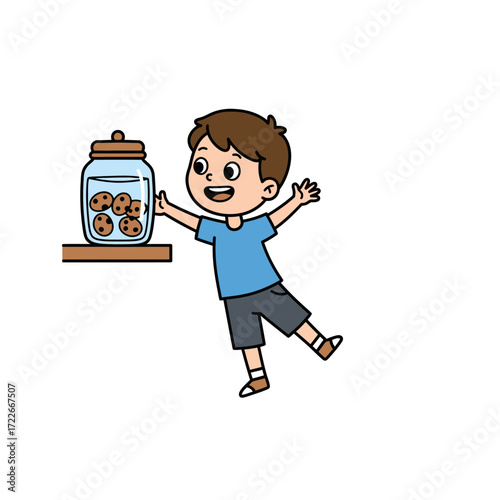 Joyful cartoon boy with brown hair reaching for a glass jar of chocolate chip cookies.