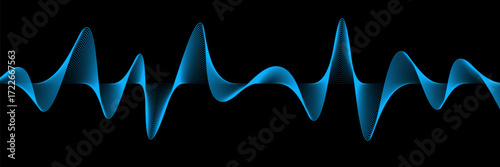 Abstract blue wavy lines of the sound wave. Dynamic gradient pulsating wave. Musical neon concept, symbols of the frequency of digital music. Vector illustration on a black background