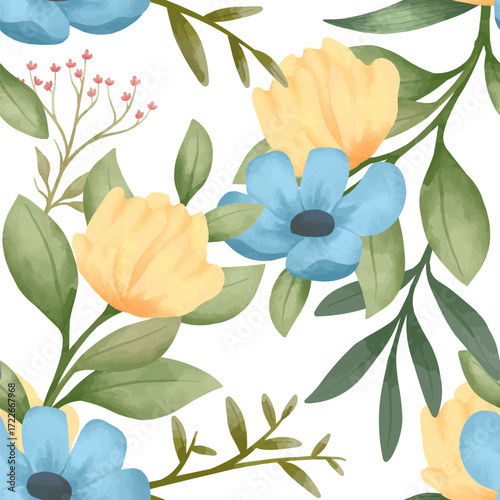 Delicate watercolor floral pattern with vintage orange and blue indigo daisy dandelion colors.