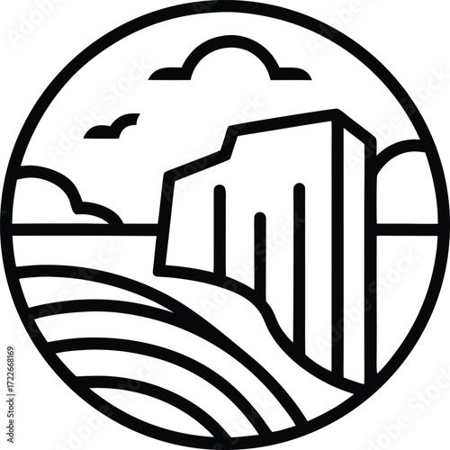 Minimalist line art icon of a coastal cliff with ocean waves.
