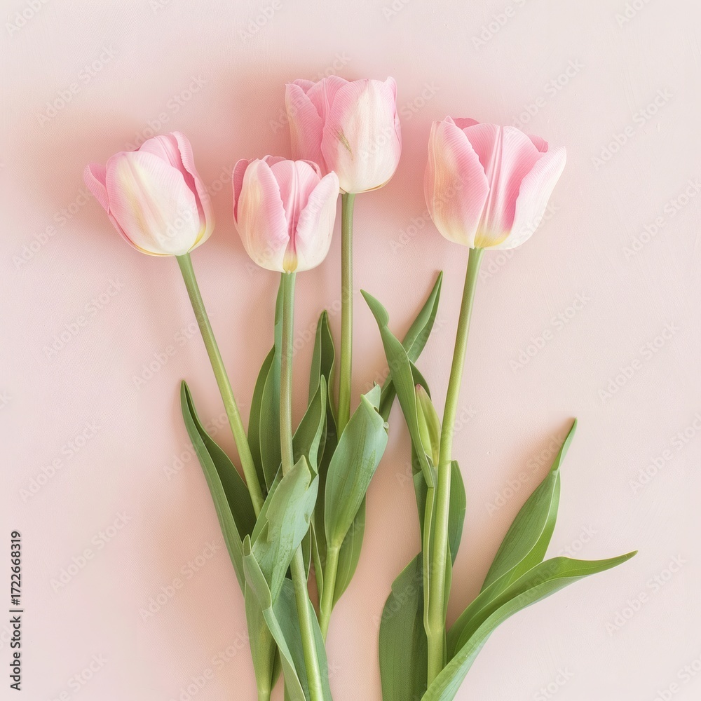 Fototapeta premium Soft pink tulips arrangement delicate spring flowers on a pale background