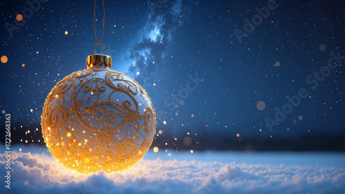 A glowing Christmas ornament hanging in the snow under a starry night sky
