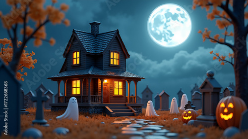A spooky Halloween night scene with a haunted house, glowing pumpkins, ghostly figures, full moon, and autumn leaves