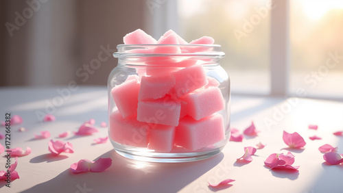 A glass jar filled with pink sugar cubes placed on a table surrounded by scattered rose petals