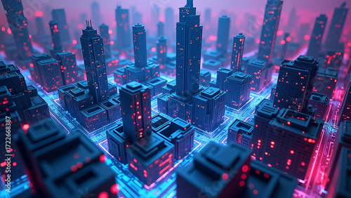 A futuristic cityscape with towering skyscrapers illuminated by neon lights, set against a vibrant pink and purple sky. The scene is bathed in a cool blue hue, creating a striking contrast
