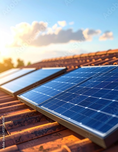 Solar panels gleam on a terracotta-tiled roof under a bright blue sky with wispy clouds and a distant golden sunset glow
