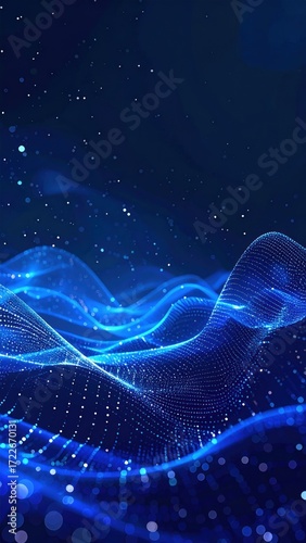 Abstract blue light mesh flowing like waves, against a dark background filled with sparkling particles