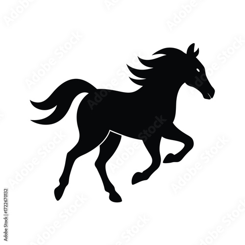 Dynamic solid black silhouette of a powerful horse in full gallop conveying speed and freedom
