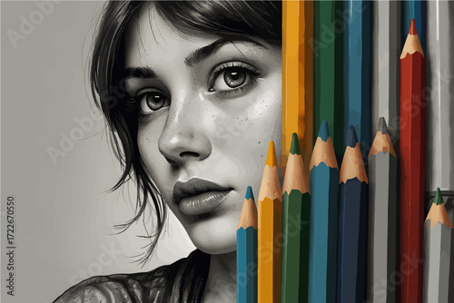 Creative pencil art portrait of a young woman with realistic face and colorful pencils