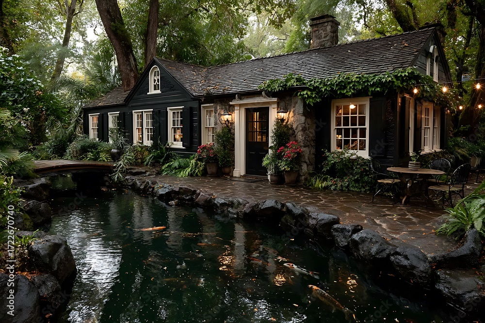 Fototapeta premium Dark cottage pond with koi fish and garden lights dark exterior