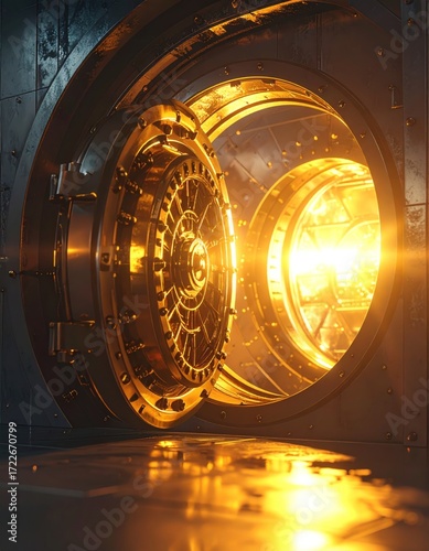 Gleaming, gold, partially open vault door, casting light onto the polished floor, with metal plates and circular patterns