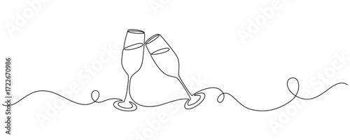 Two glasses of red wine in Continuous one line drawing.Romantic toast concept.Vector illustration eps 10