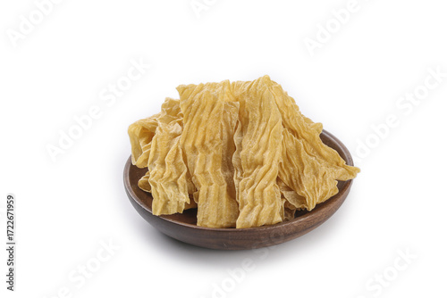 Dried Tofu Skin Sheets in Wooden Bowl - Traditional Asian Vegetarian Ingredient