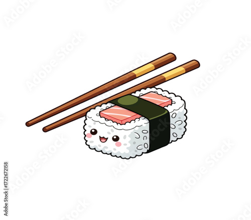 Adorable sushi roll with a cute smiling face and chopsticks, perfect for restaurant menus and food-related designs, vibrant and fun food illustration