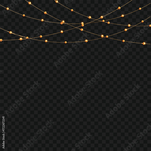 Realistic hanging gold bead garlands for festive decor. Vector