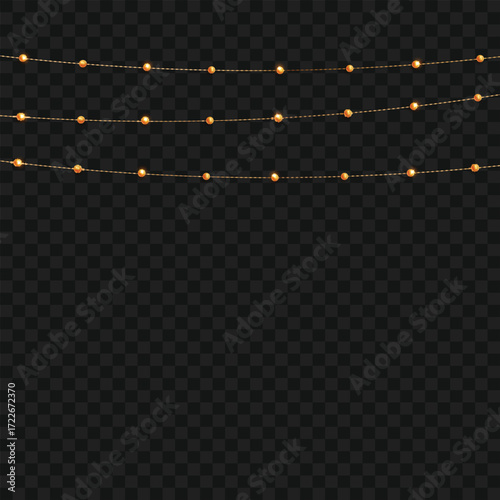 Realistic hanging gold bead garlands for festive decor. Vector
