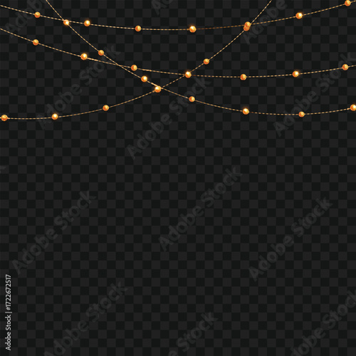 Realistic hanging gold bead garlands for festive decor. Vector