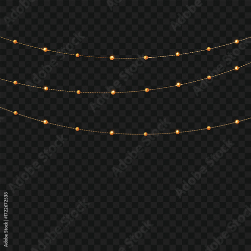 Realistic hanging gold bead garlands for festive decor. Vector