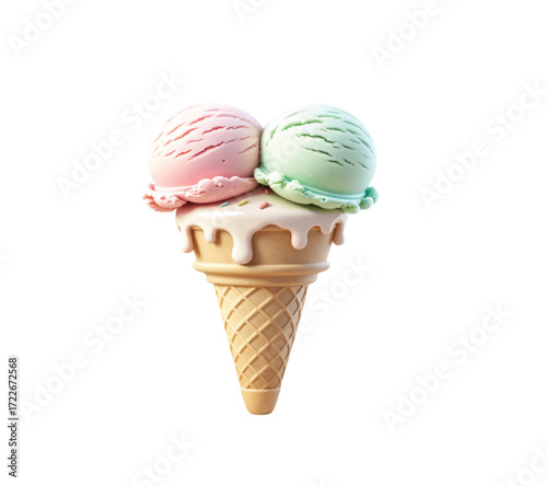 Delicious ice cream cone with strawberry and mint flavors, perfect for summer treats and dessert menus, captures fun and refreshing indulgence