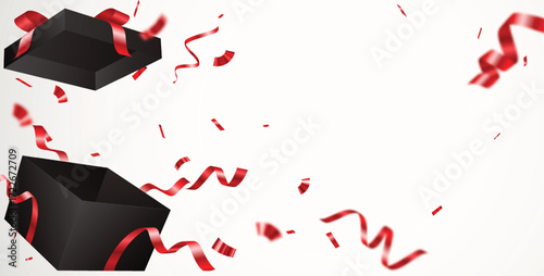 Flying black gift box with beautiful red confetti