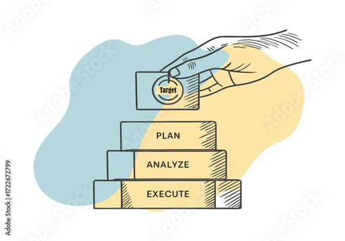 Hand placing final step in business strategy pyramid plan analyze execute success