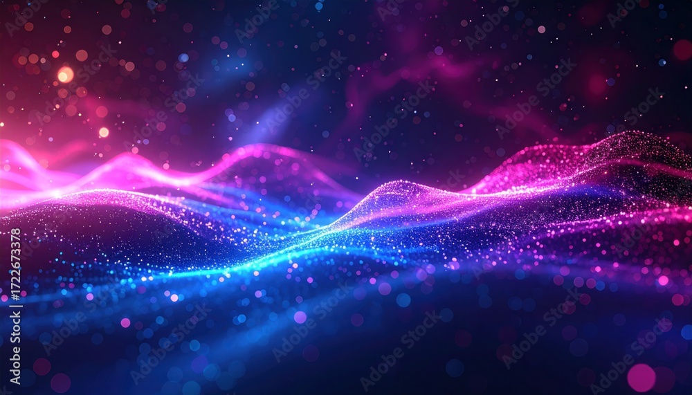 Obraz premium Ethereal digital landscape of undulating pink and blue lights, with soft bokeh accents suggesting depth and motion in a vibrant, cosmic expanse