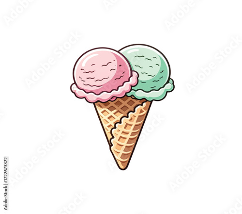 Delightful cartoon ice cream cone with strawberry and mint scoops, perfect for summer menus, sweet treat designs, and fun, playful projects