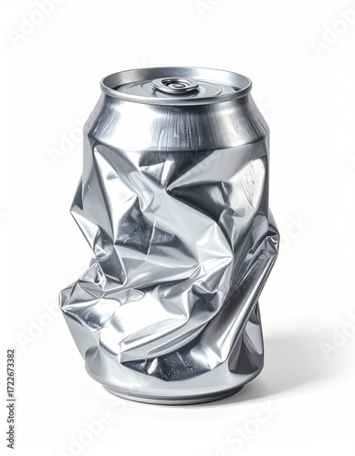 A severely crushed aluminum beverage can stands upright, reflecting light, set against a pristine white background. Focus is sharp