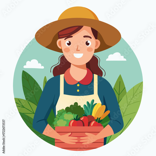 Happy farmer with fresh harvest, healthy eating and farm-to-table lifestyle