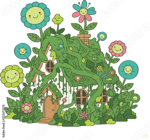 Cute cottage covered in smiling flowers and green vines stands peacefully in a whimsical garden, creating a cheerful and inviting scene.