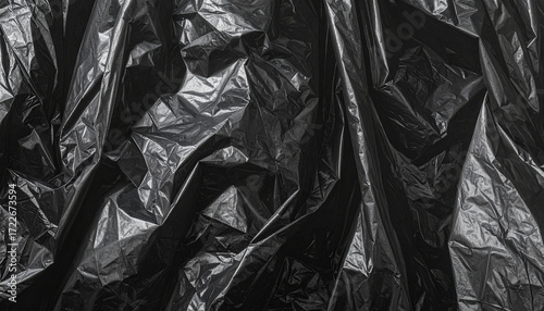 Crumpled black plastic bag texture, dark shadows, abstract folds.