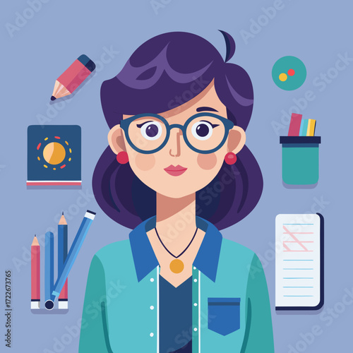 Creative professional woman with glasses surrounded by office supplies for work