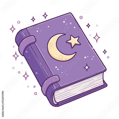Vector art of a purple magic book with a moon and star on the cover