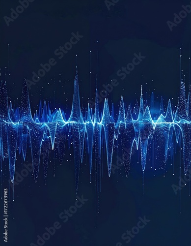 Abstract blue wave pattern on a dark background, resembling sound waves with glowing particles. Dynamic, luminous, and modern