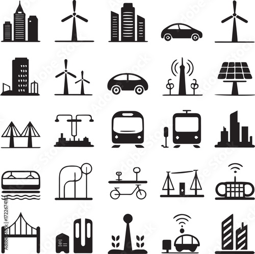 Collection of smart city and sustainable technology icons