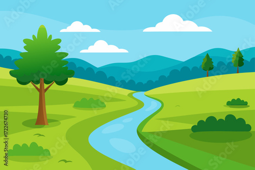 a serene rural landscape unfolds with a winding pa