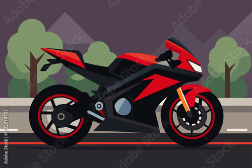 a sleek  black and red motorcycle is parked on a p