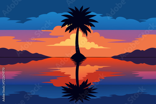 a solitary palm tree stands reflected in still wat