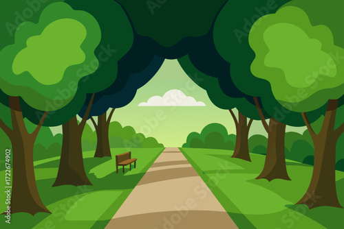 a sun dappled path lined with lush  green trees cr