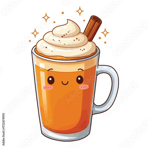 Vector art of cute cartoon pumpkin spice latte with whipped cream and cinnamon stick