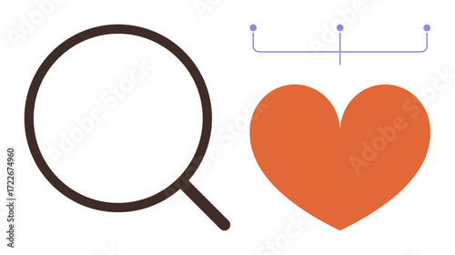 Magnifying glass and orange heart connected by dotted line and brackets symbolizing analysis, love, research, connectivity, and curiosity. Ideal for innovation, relationships, discovery, technology